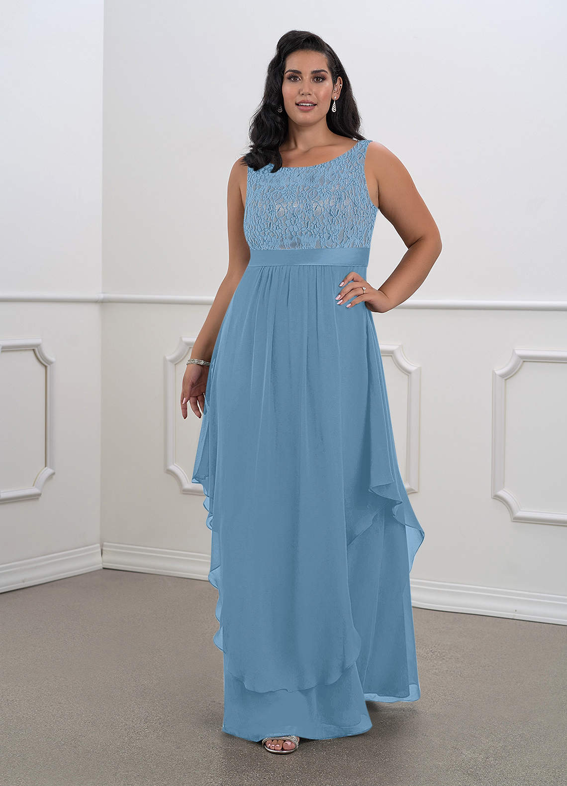 Steel Blue A-Line Lace Chiffon Dress