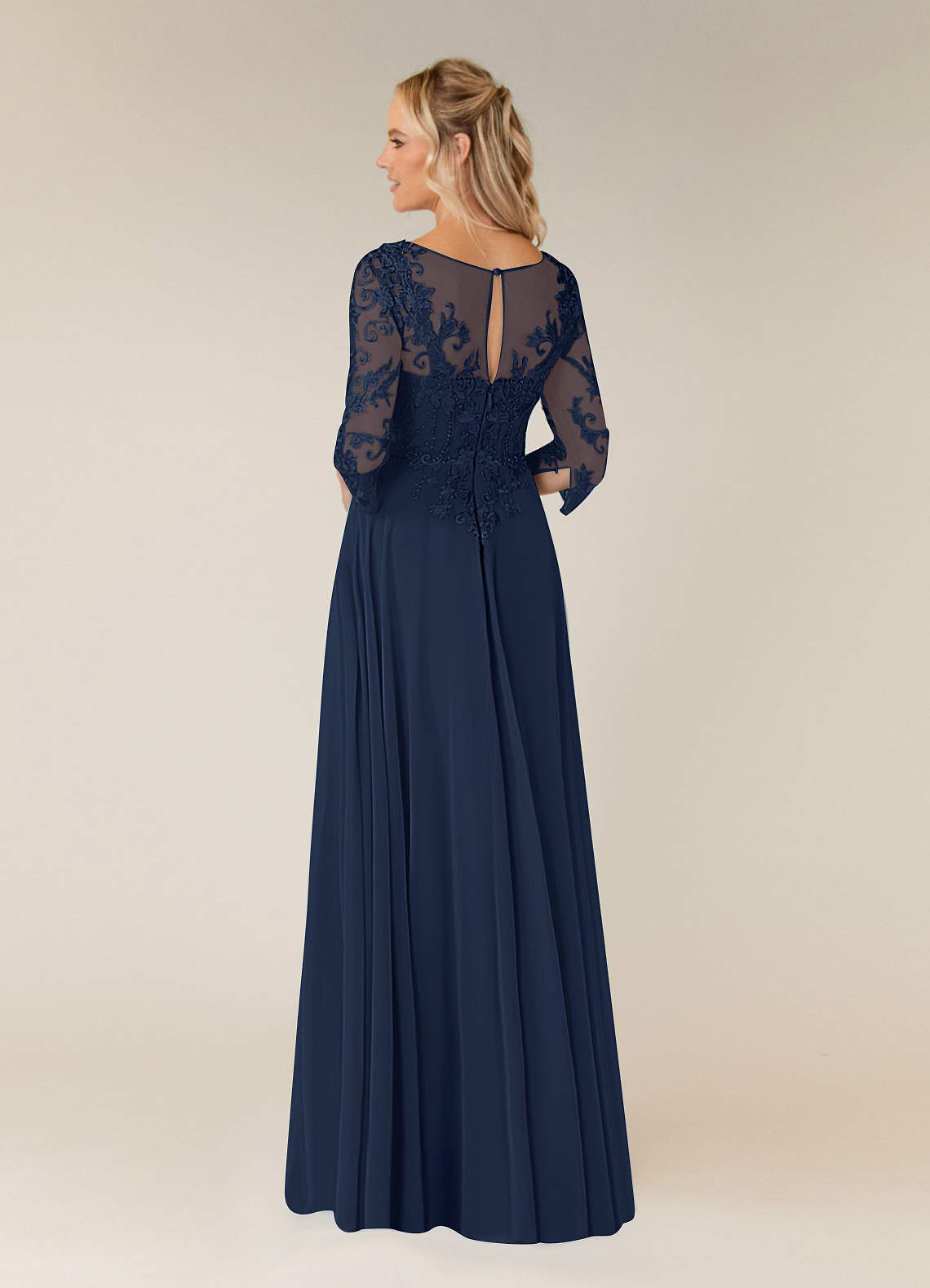 Dark Navy A-Line V-Neck Lace Chiffon Dress