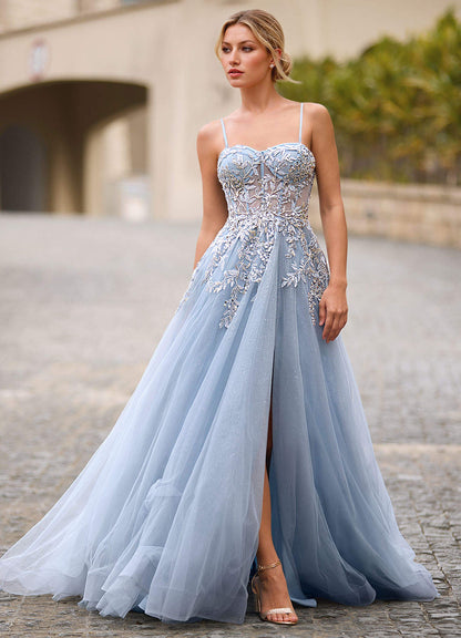 Celeste Dusty Blue Rhinestone Sheer Lace Prom Dress  Dress