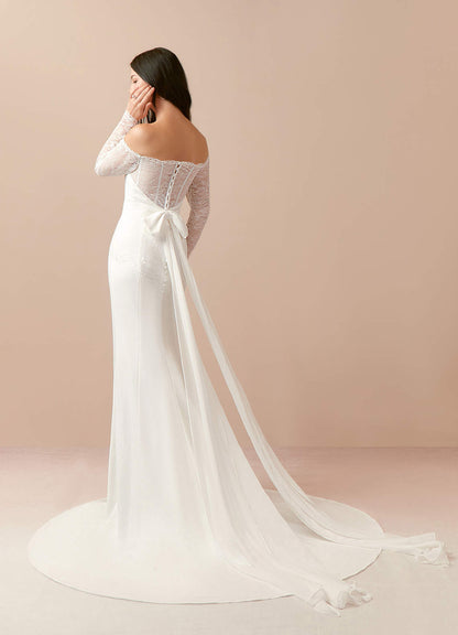 Diamond White Mermaid Off the Shoulder Stretch Crepe Dress