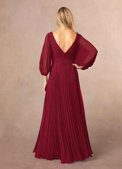 Burgundy A-Line V-Neck Pleated Chiffon Dress