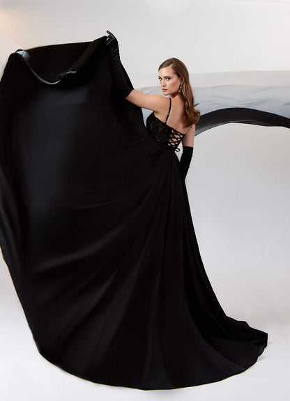 Black Nude A-Line Sequins Stretch Satin Dress