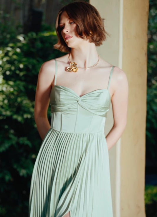Tyla Olive Green Pleated Maxi Dress