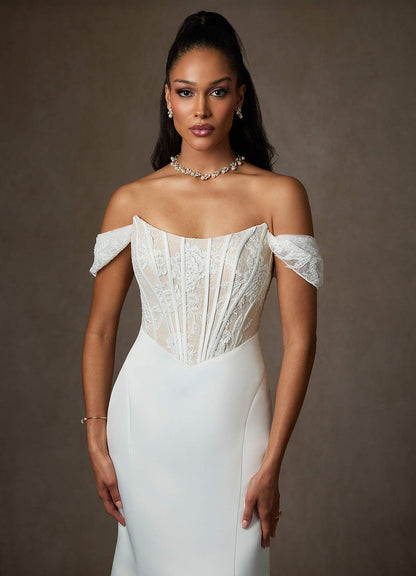 Diamond White Champagne Mermaid Off the Shoulder Satin Dress