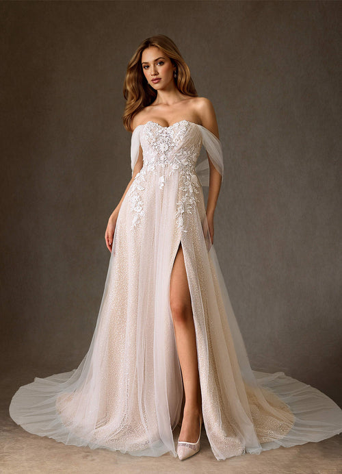 Diamond White Nude A-Line Off the Shoulder Beading Dress