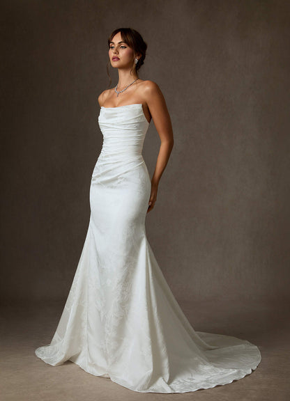 Diamond White Mermaid Strapless Floral Jacquard Dress