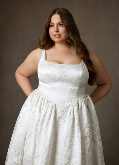 Diamond White Ball-Gown with Pockets Floral Jacquard Dress