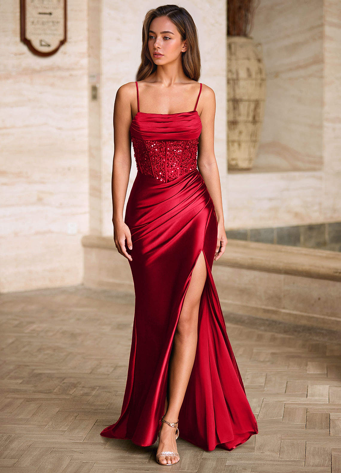 Starlit Red Cowl Neck Prom Dress