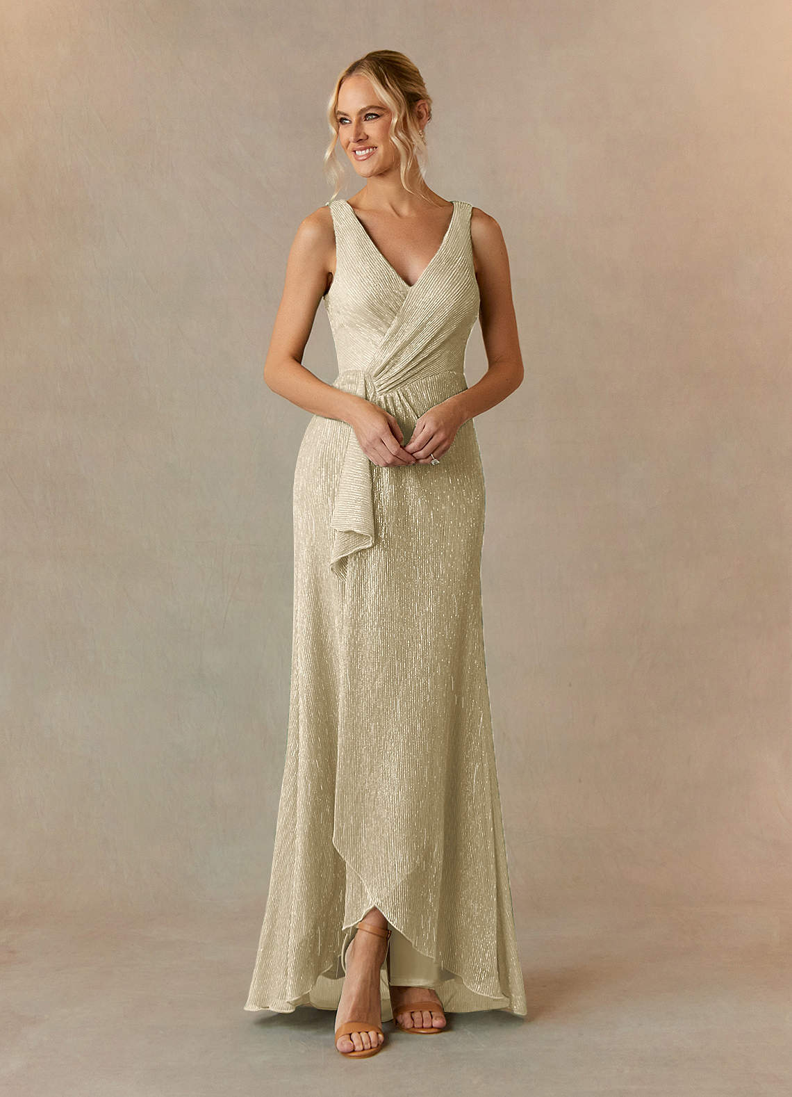 Champagne Gold A-Line Ruched Metallic Mesh Dress