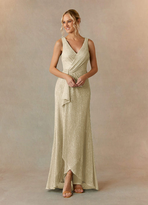 Champagne Gold A-Line Ruched Metallic Mesh Dress