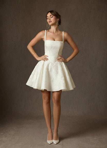 Antique White A-Line with Pockets Floral Jacquard Dress