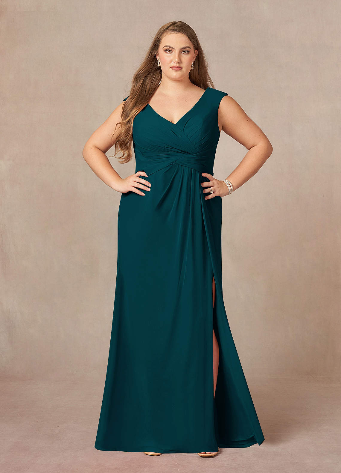 Pine A-Line V-Neck Pleated Chiffon Dress