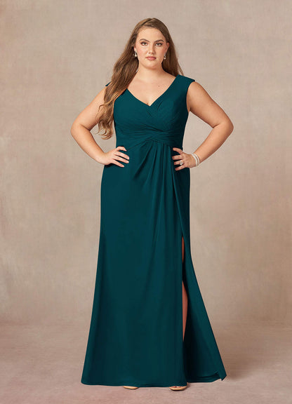 Pine A-Line V-Neck Pleated Chiffon Dress