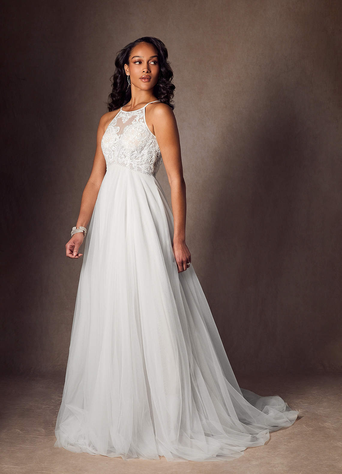 Diamond White A-Line Halter Sequins Tulle Dress