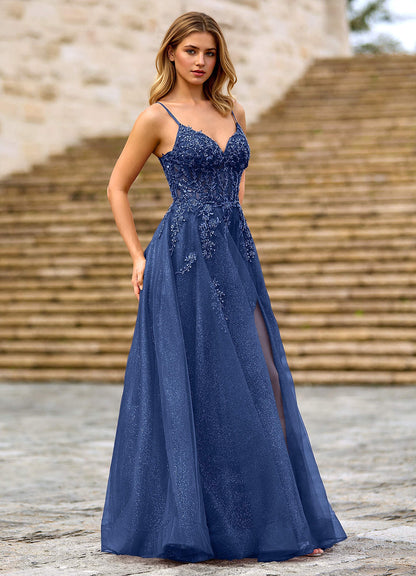 Milliener Navy Tulle Flowers Prom Dress