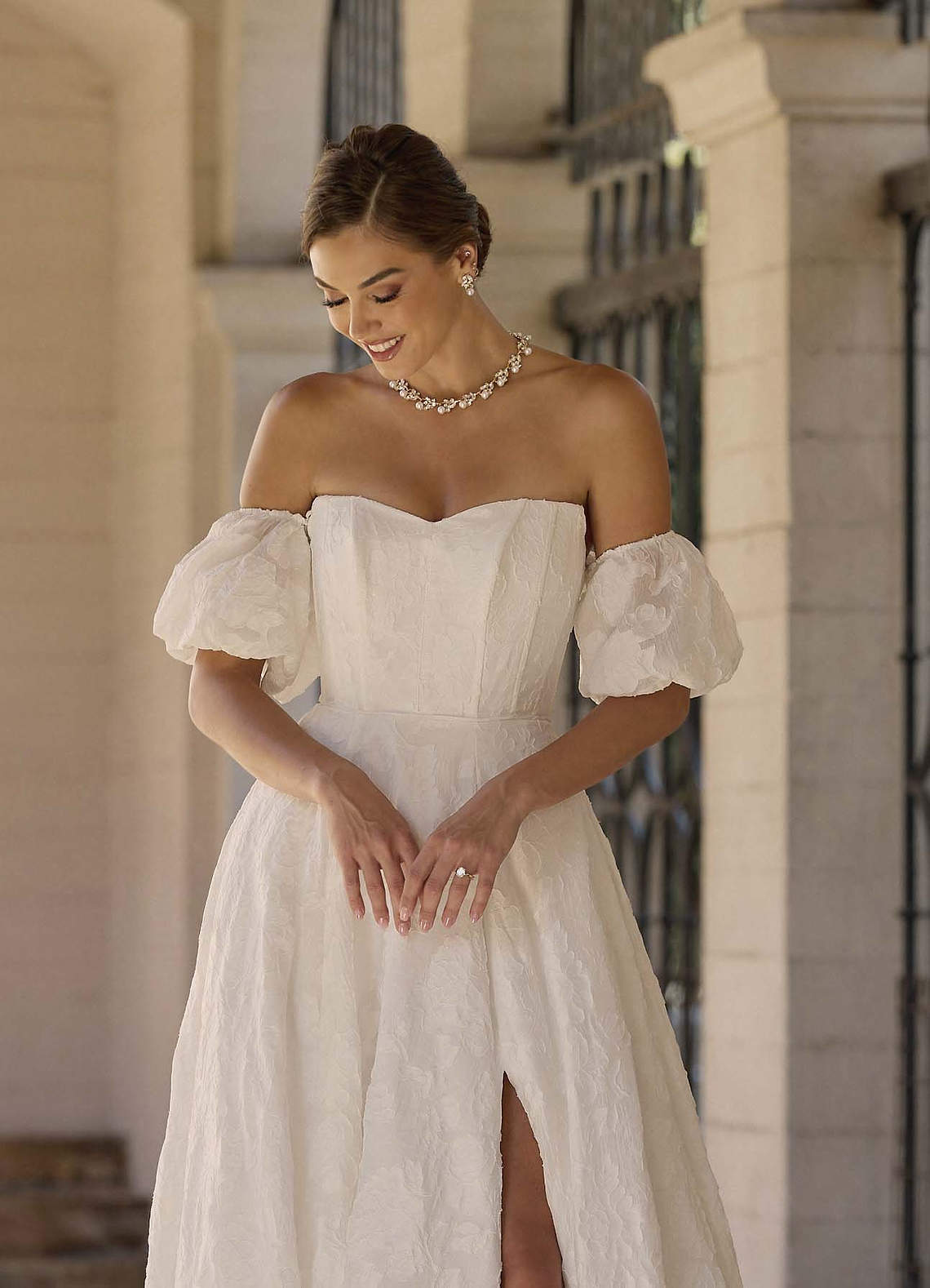 Diamond White Ball-Gown Sweetheart Neckline Floral Burnout Jacquard Dress