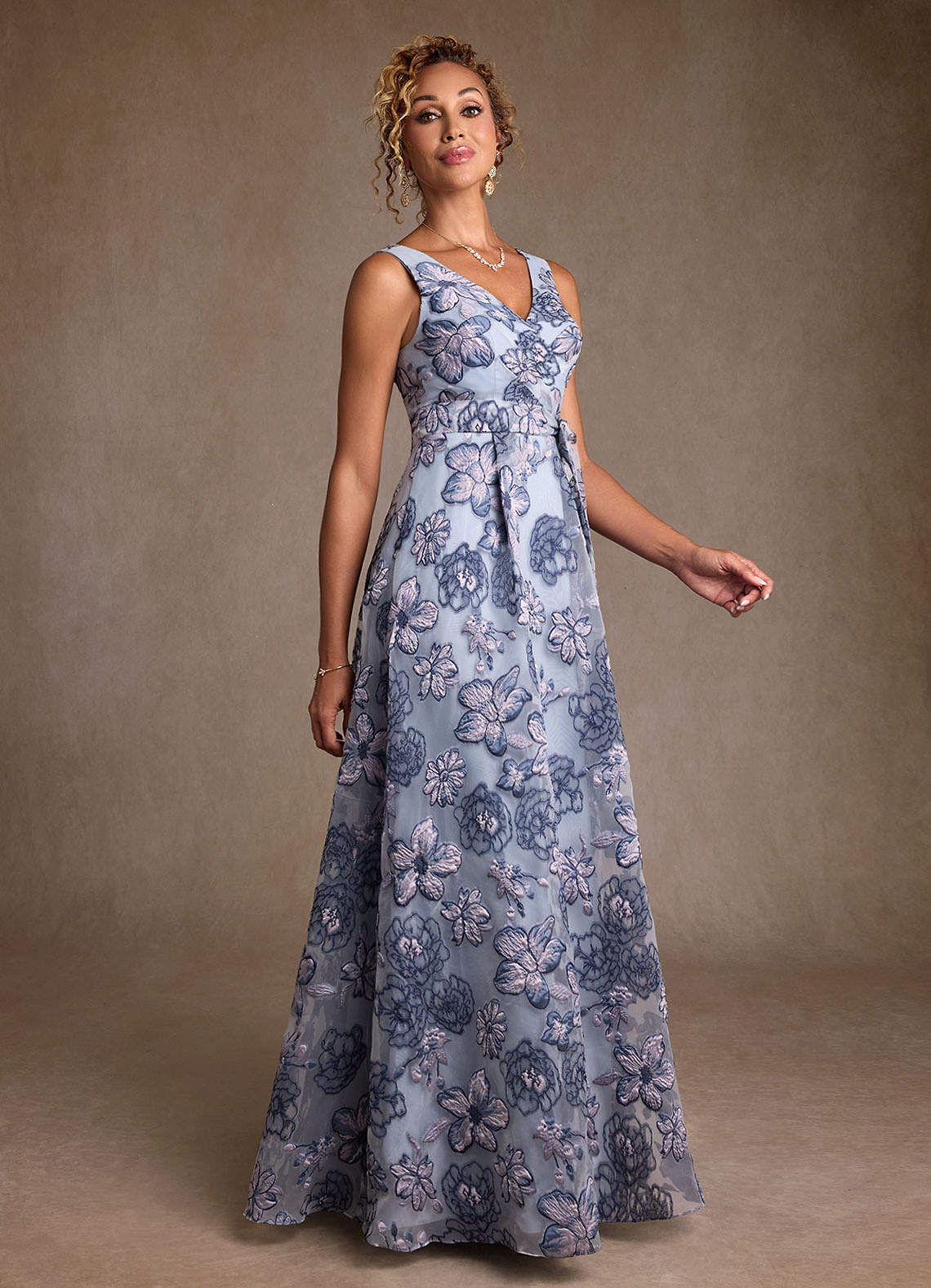 Dusty Blue Jacquard A-Line Pleated Floral Jacquard Dress