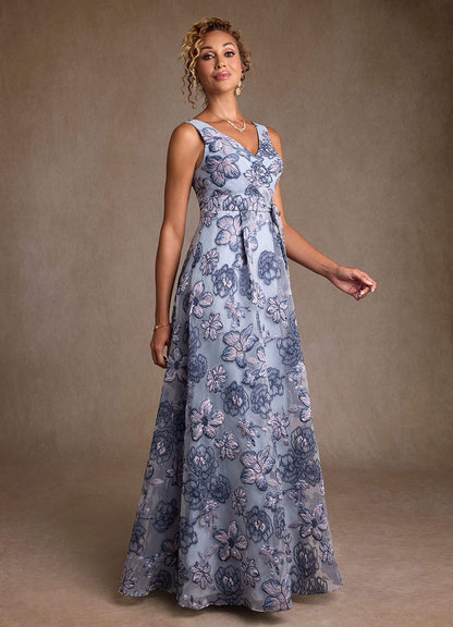 Dusty Blue Jacquard A-Line Pleated Floral Jacquard Dress