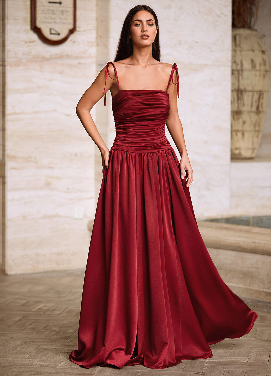 Luxa Burgundy Square Neckline Pleated Prom Dress