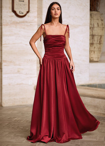 Luxa Burgundy Square Neckline Pleated Prom Dress