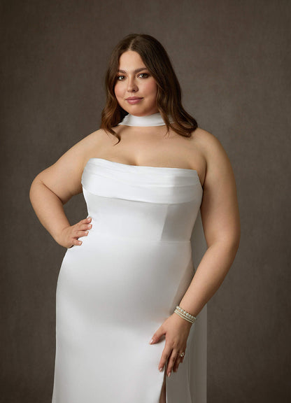 Diamond White Sheath Side Slit Stretch Satin Dress