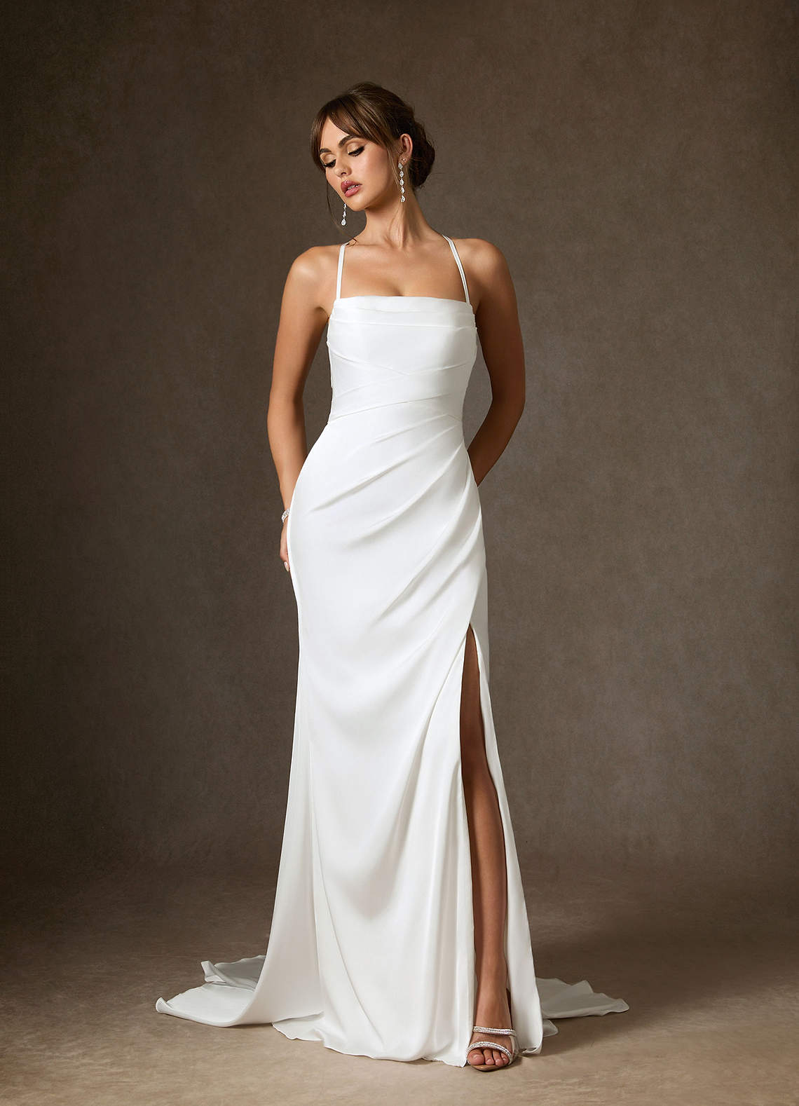 Diamond White Mermaid Pleated Stretch Satin Dress
