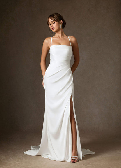 Diamond White Mermaid Pleated Stretch Satin Dress