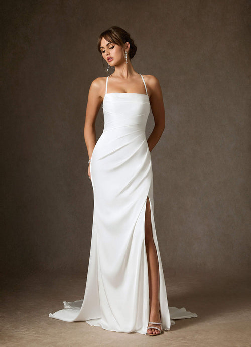 Diamond White Mermaid Pleated Stretch Satin Dress