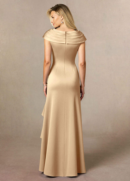 Champagne A-Line Pleated Stretch Satin Dress