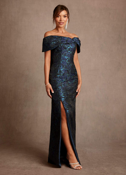 Dark Navy Sheath Off the Shoulder Floral Jacquard Dress