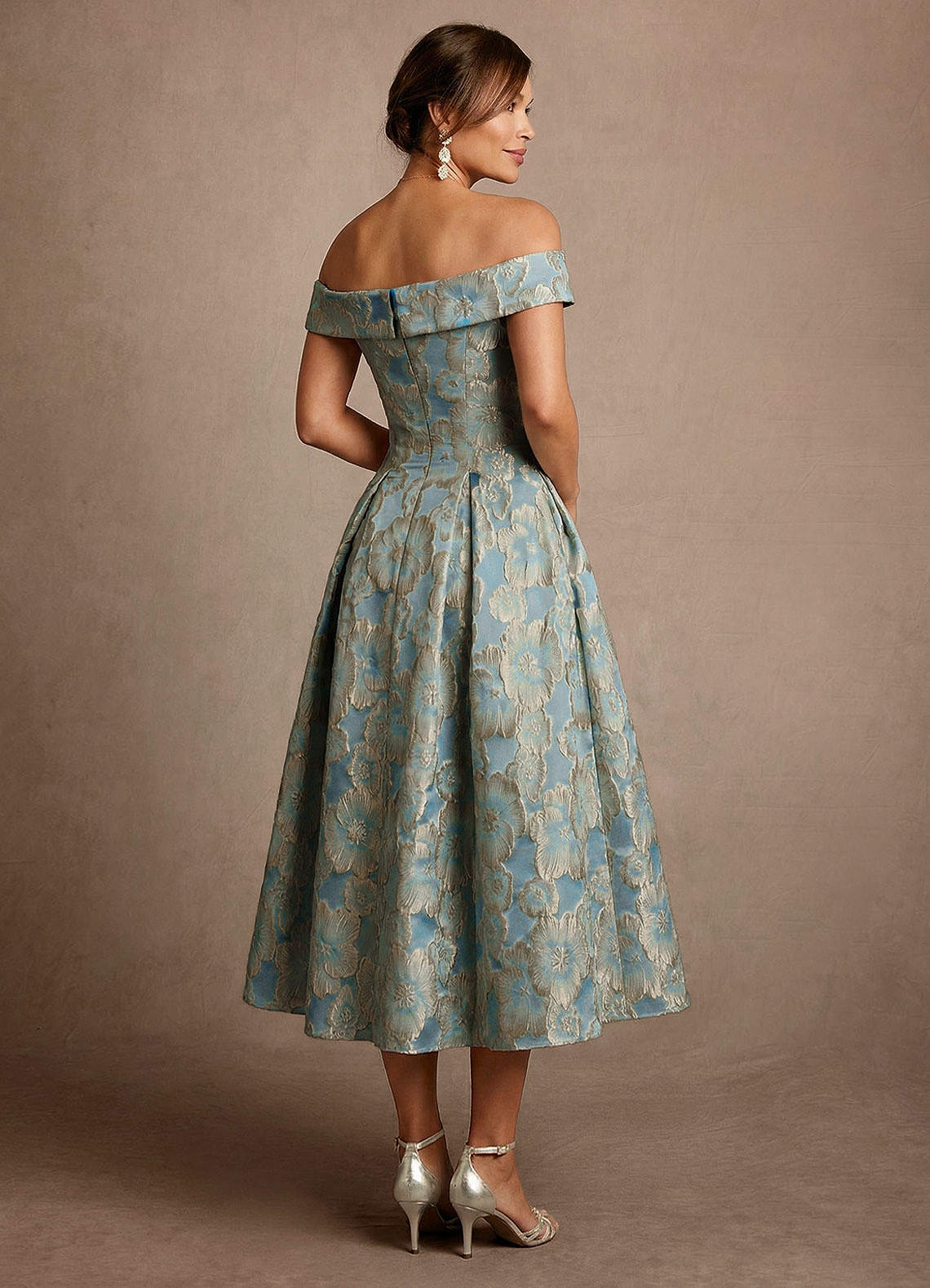 Lake Blue Jacquard A-Line Off the Shoulder Floral Jacquard Dress