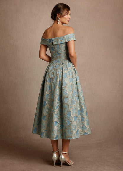 Lake Blue Jacquard A-Line Off the Shoulder Floral Jacquard Dress