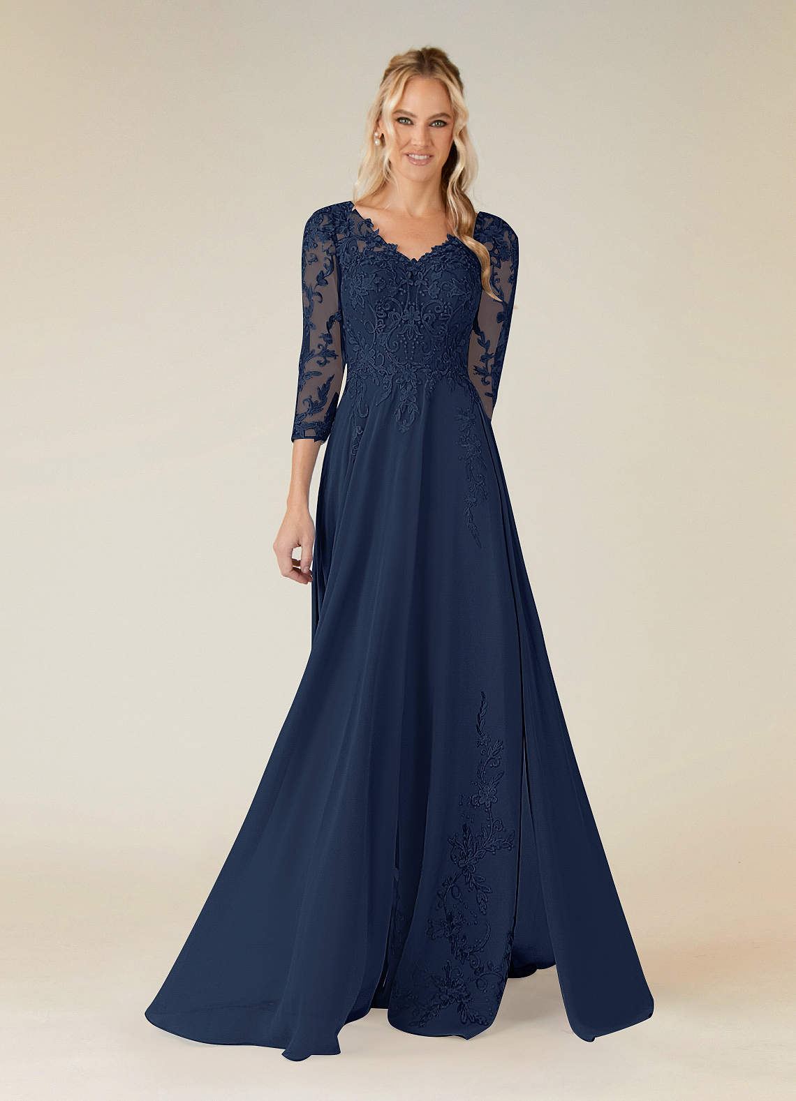 Dark Navy A-Line V-Neck Lace Chiffon Dress