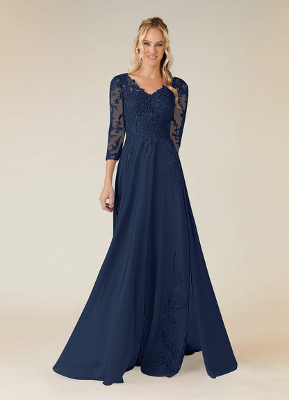 Dark Navy A-Line V-Neck Lace Chiffon Dress