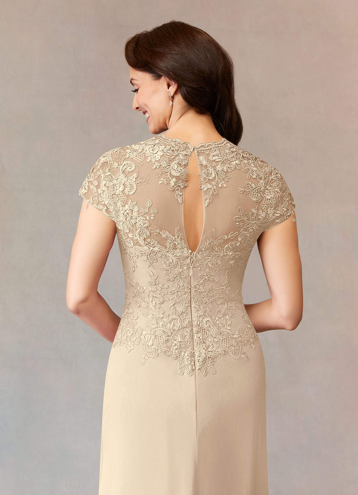 Champagne A-Line Lace Chiffon Dress