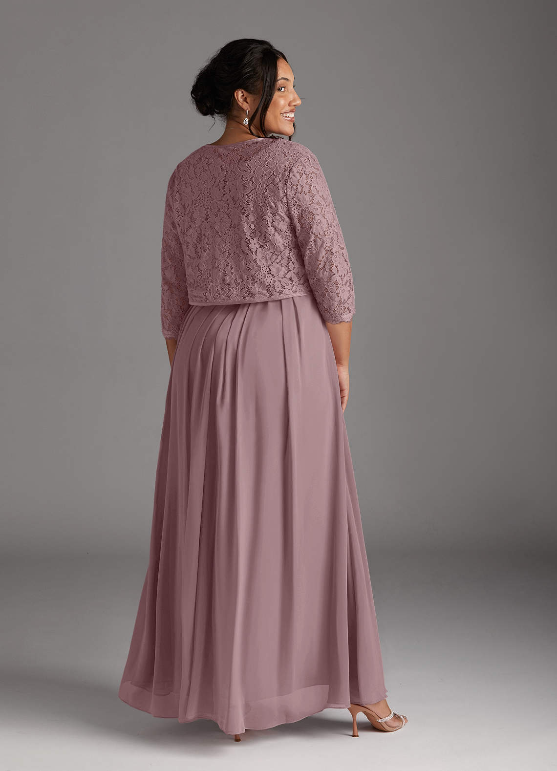 Dusty Rose A-Line Square Neckline Lace Chiffon Dress