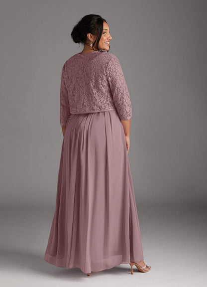 Dusty Rose A-Line Square Neckline Lace Chiffon Dress