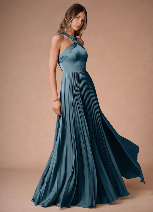 Afra Azure Blue A-Line Pleated Stretch Satin Dress