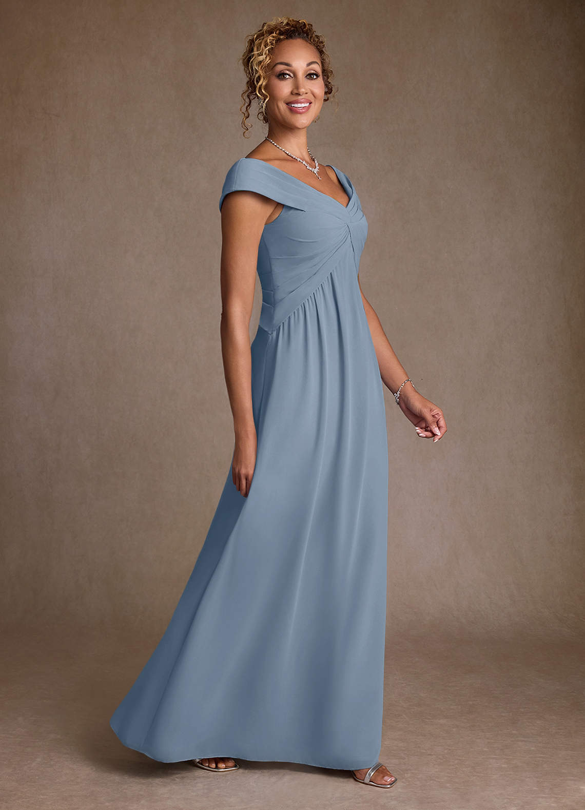 Dusty Blue A-Line Pleated Chiffon Dress