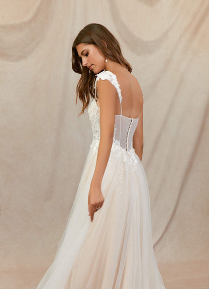 Diamond White Champagne A-Line Lace Tulle Dress