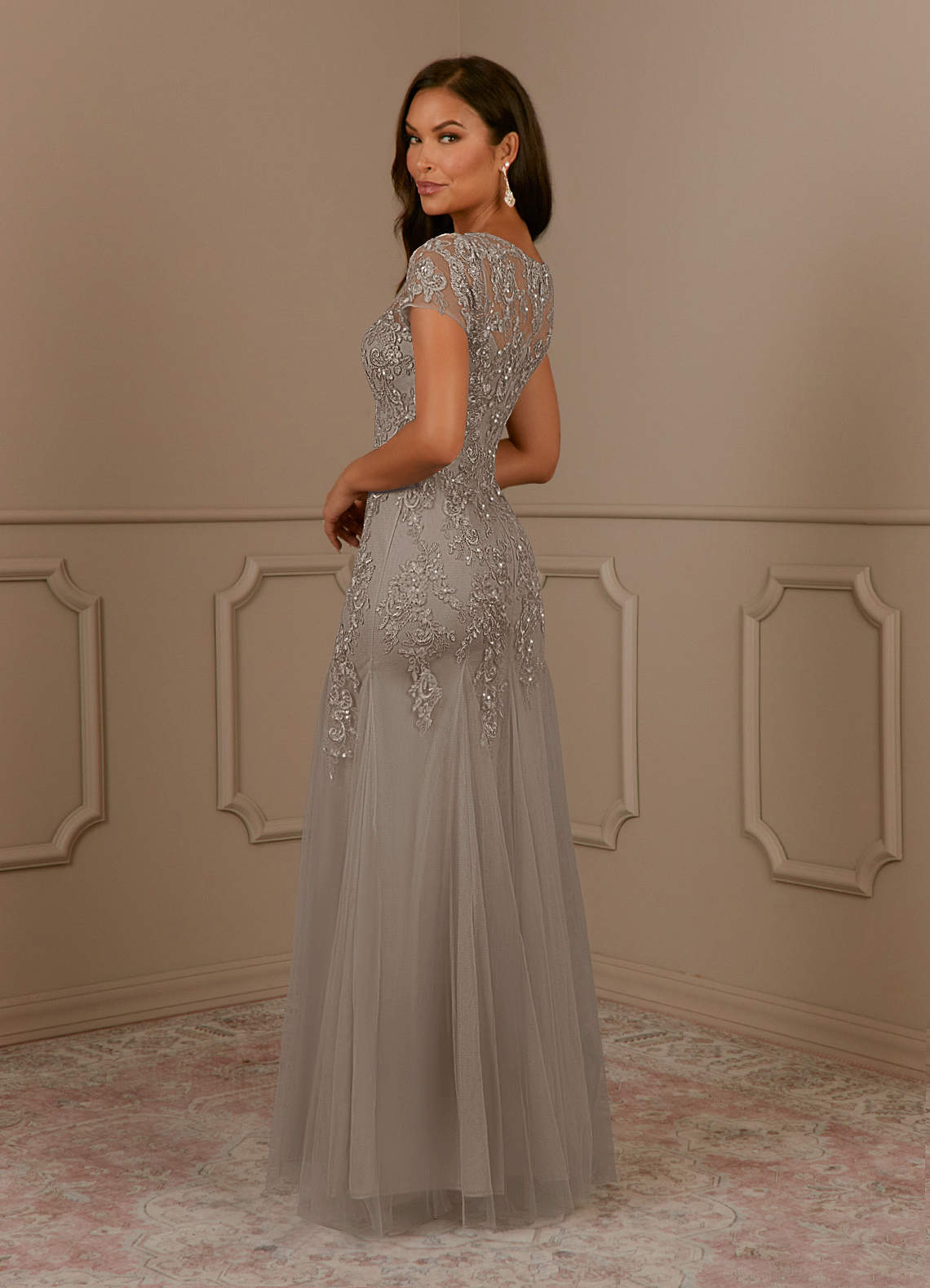 Taupe Mermaid Scoop Sequins Tulle Dress