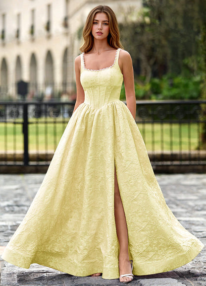 Thyme Yellow A-Line 3D Flowers Prom Dress