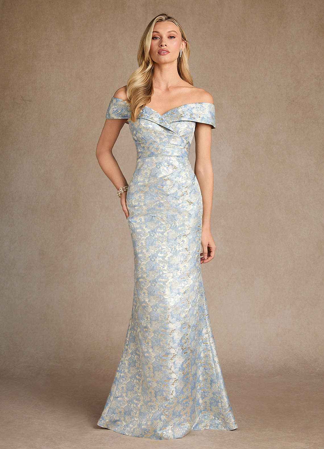 Dusty Blue Mermaid Off the Shoulder Jacquard Dress