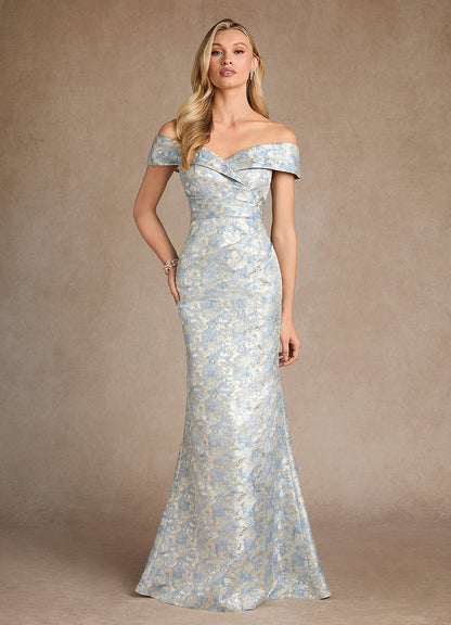 Dusty Blue Mermaid Off the Shoulder Jacquard Dress