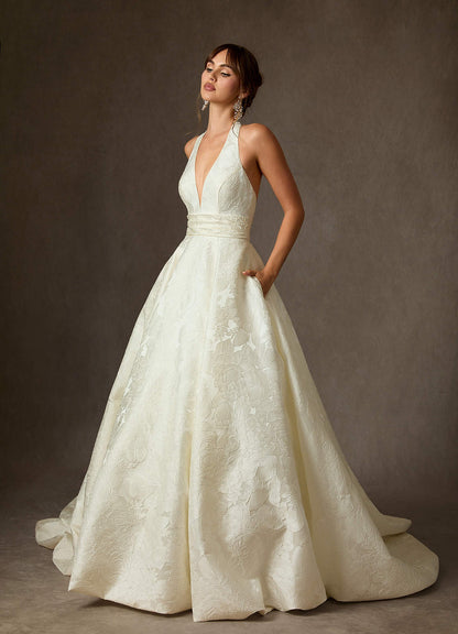Antique White Ball-Gown with Pockets Floral Jacquard Dress