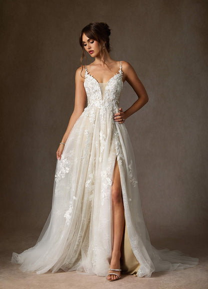 Diamond White Champagne A-Line Lace Tulle Dress