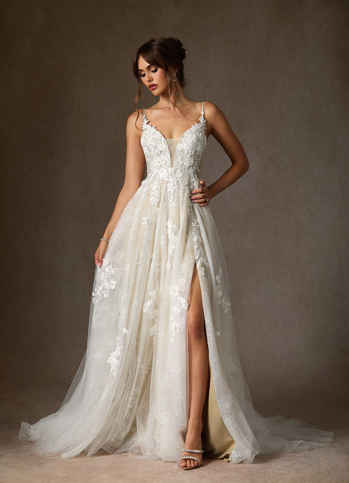 Diamond White Champagne A-Line Lace Tulle Dress