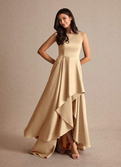 Champagne A-Line Trains Stretch Satin Dress