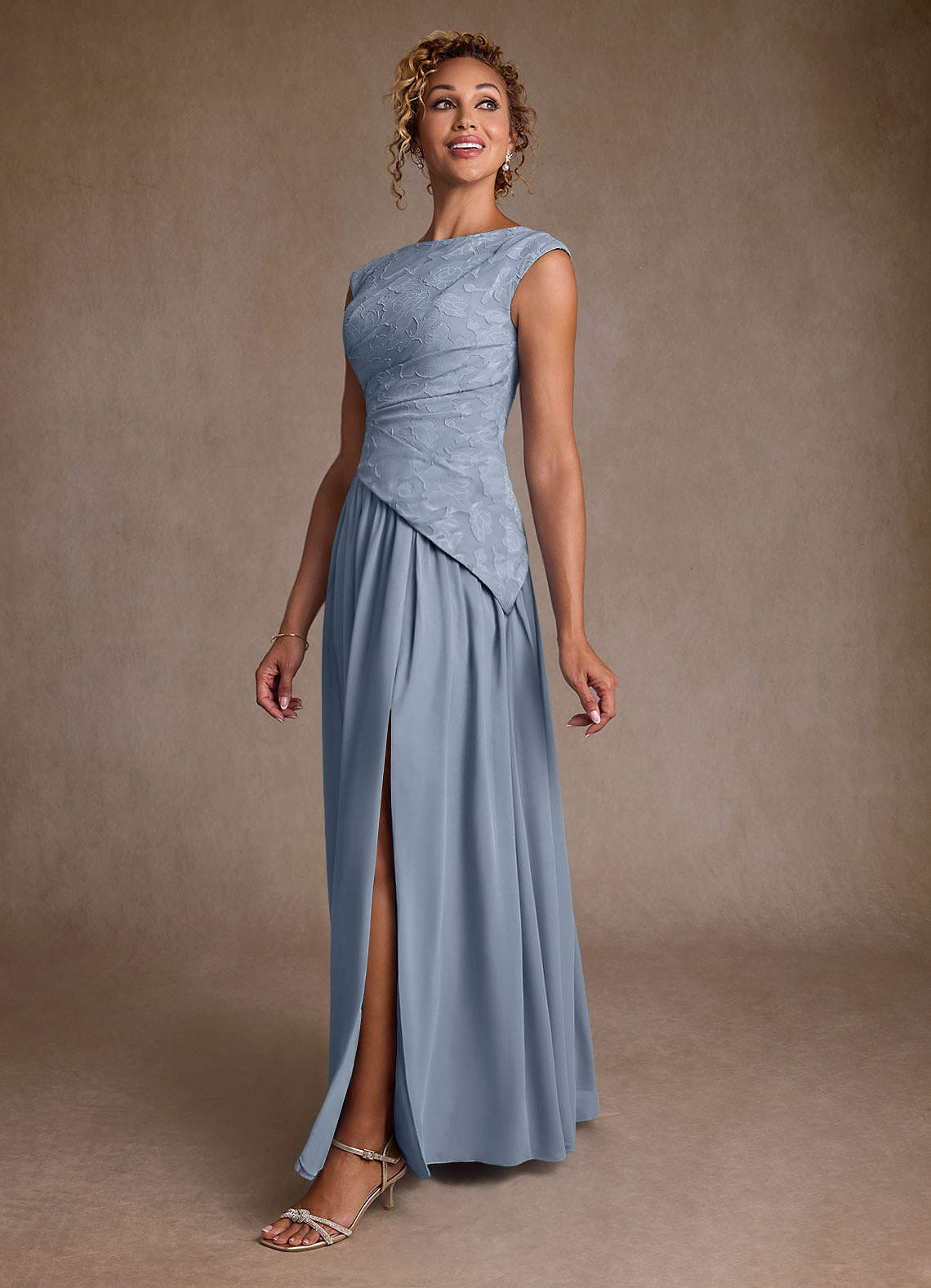 Dusty Blue A-Line Pleated Chiffon Dress
