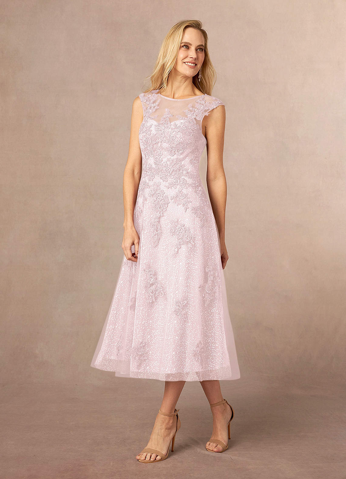 Blushing Pink A-Line Boatneck Lace Tulle Dress